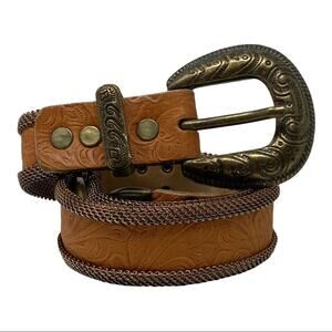 Sand Castle Floral Embossed Tan Leather & Metal Mesh Western Style Belt
